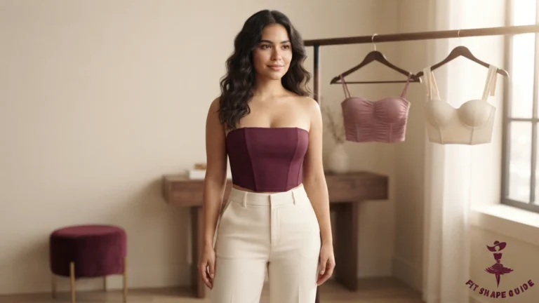A young Latina woman, 20–22, wearing a structured deep-mulberry bandeau top with high side coverage and a secure fit.