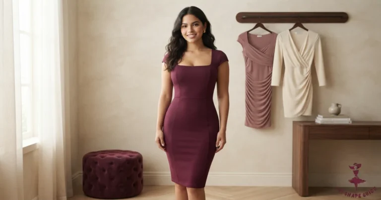 A young Latina woman, 20–22, wearing a deep-mulberry ponte bodycon dress with shaped bust room and a balanced hem.
