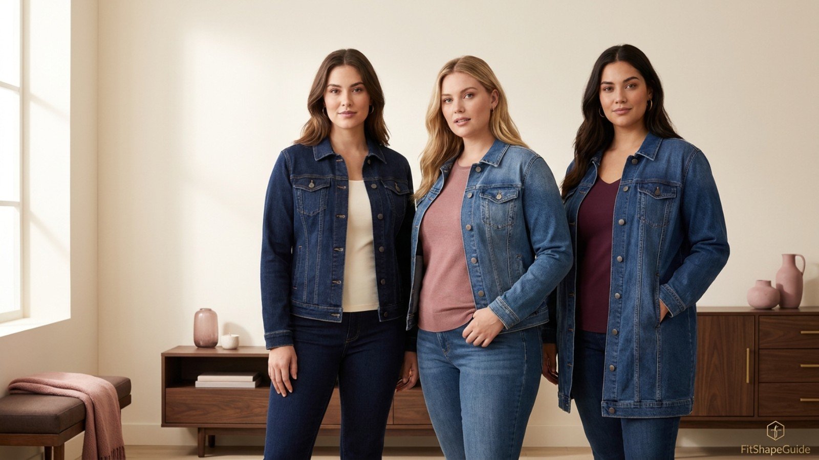 Shaped classic and relaxed denim jackets styled for a large bust