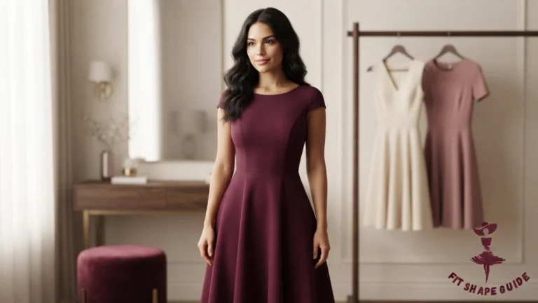 A young Latina woman, 20–22, wearing a deep-mulberry princess-seam fit-and-flare midi dress with shaped bust room and a balanced hem.