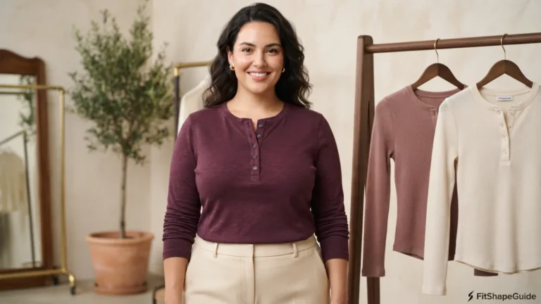 Best Henley tops for a large bust with flat button placket shaped front and balanced hem