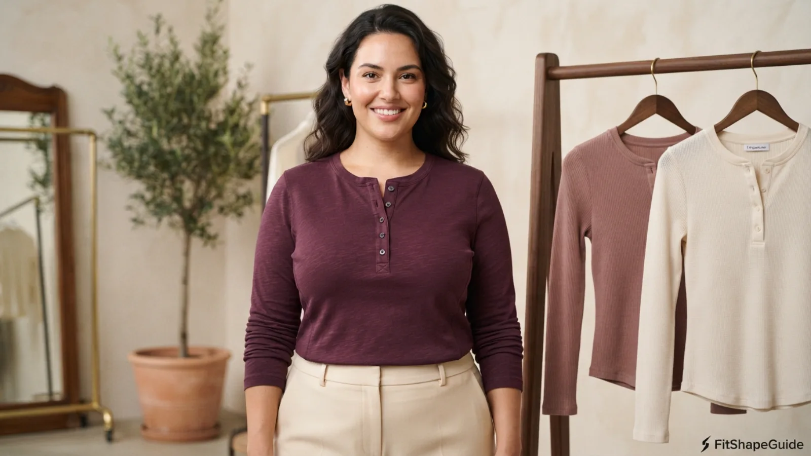 Best Henley tops for a large bust with flat button placket shaped front and balanced hem
