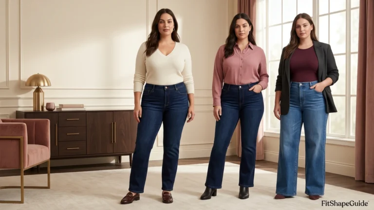 Straight, bootcut and wide-leg jeans styled with secure fuller-bust tops