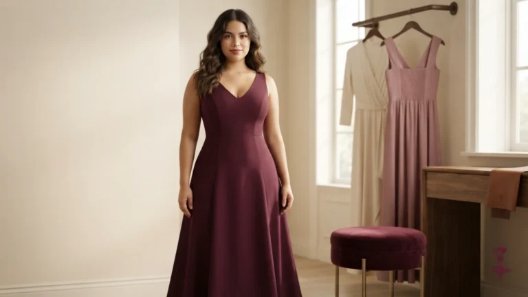 A young Latina woman, 20–22, wearing a deep-mulberry princess-seam maxi dress with shaped bust room and a balanced floor-length hem.