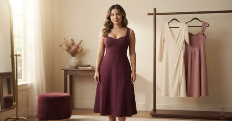 A young Latina woman, 20–22, wearing a deep-mulberry princess-seam midi dress with shaped bust room and a balanced calf-length hem.