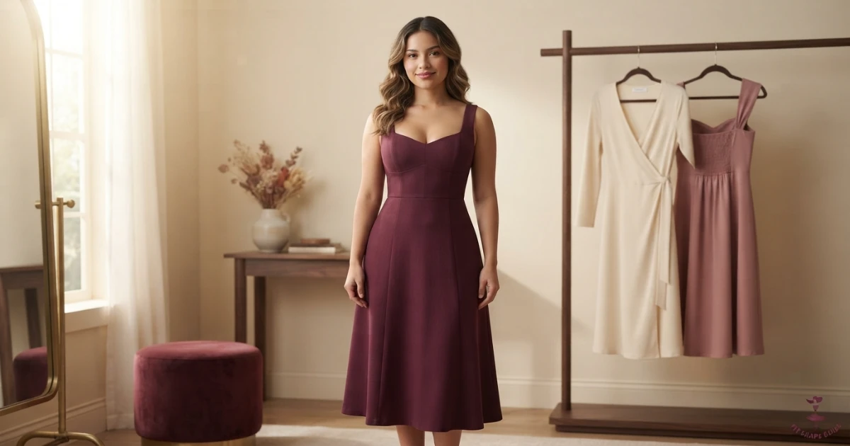 Best midi dresses for a large bust with secure V-necklines shaped bust room and balanced hems