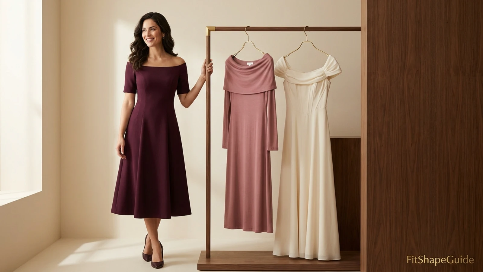 Best off-the-shoulder dresses for a large bust with secure Bardot necklines and shaped bodices