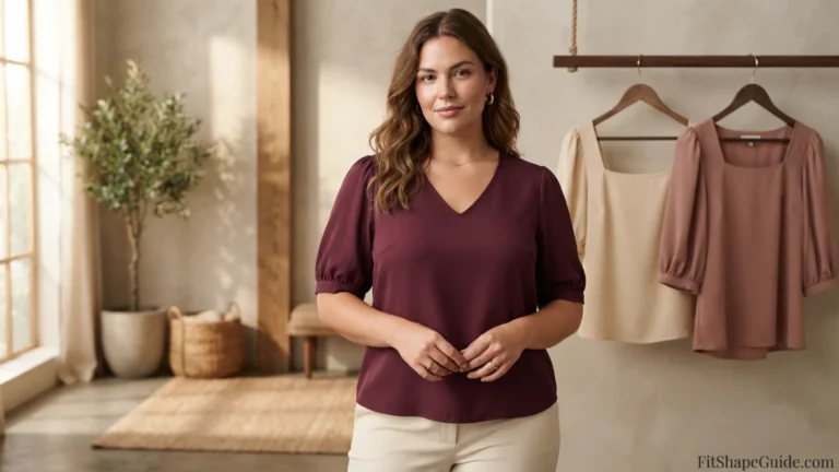 Deep‑mulberry puff‑sleeve blouse with stable shoulders, shaped bust room and balanced sleeve volume