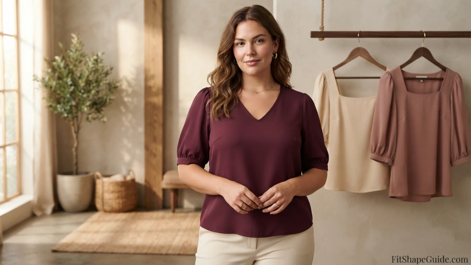 Deep-mulberry puff-sleeve blouse with stable shoulders shaped bust room and balanced sleeve volume