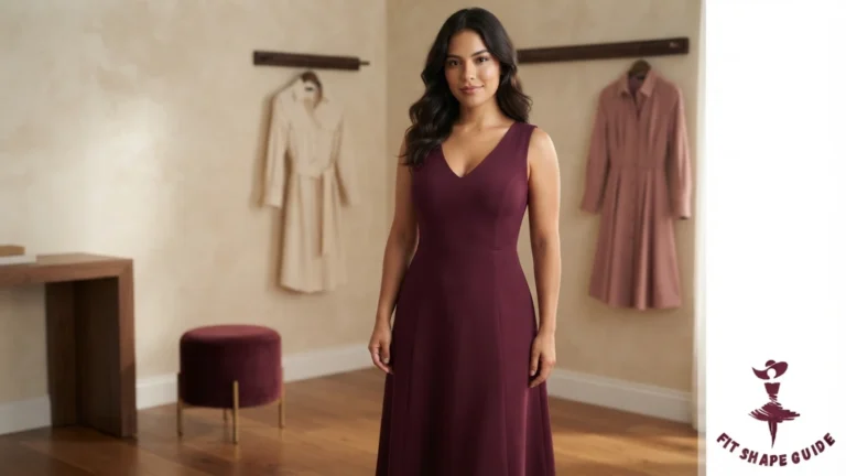 A young Latina woman, 20–22, wearing a deep-mulberry lightweight V-neck shirt dress with resilient fabric and a balanced hem.