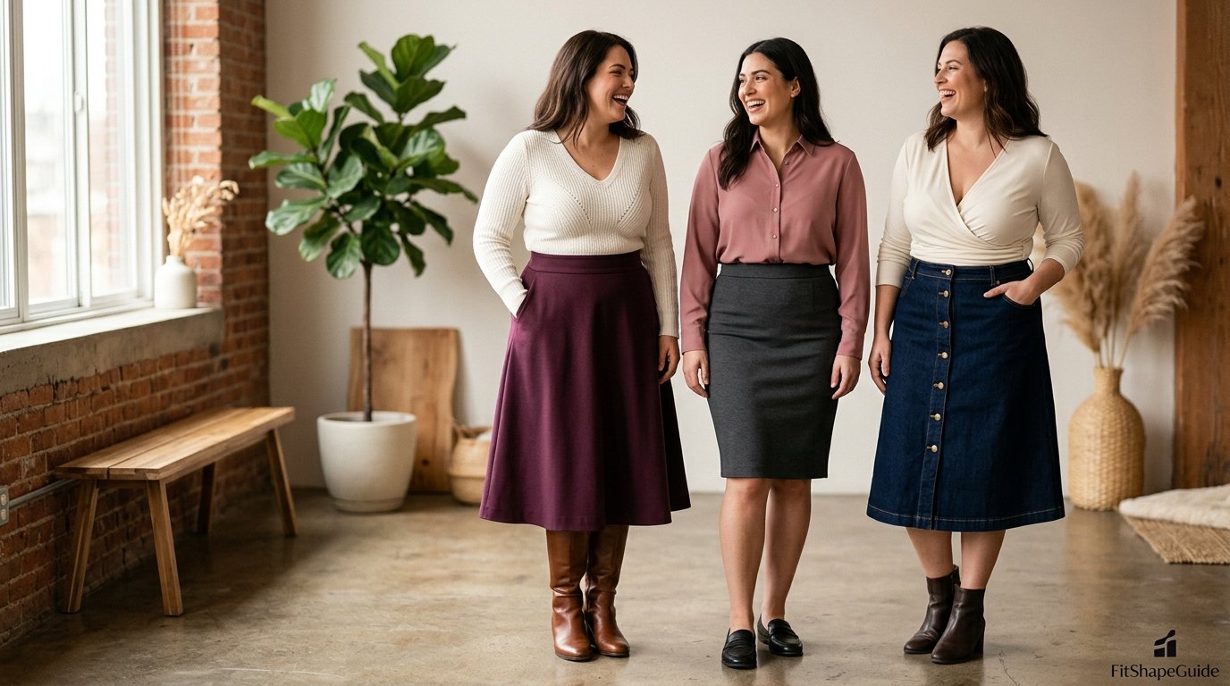 Best skirts for a large bust styled in polished everyday outfits