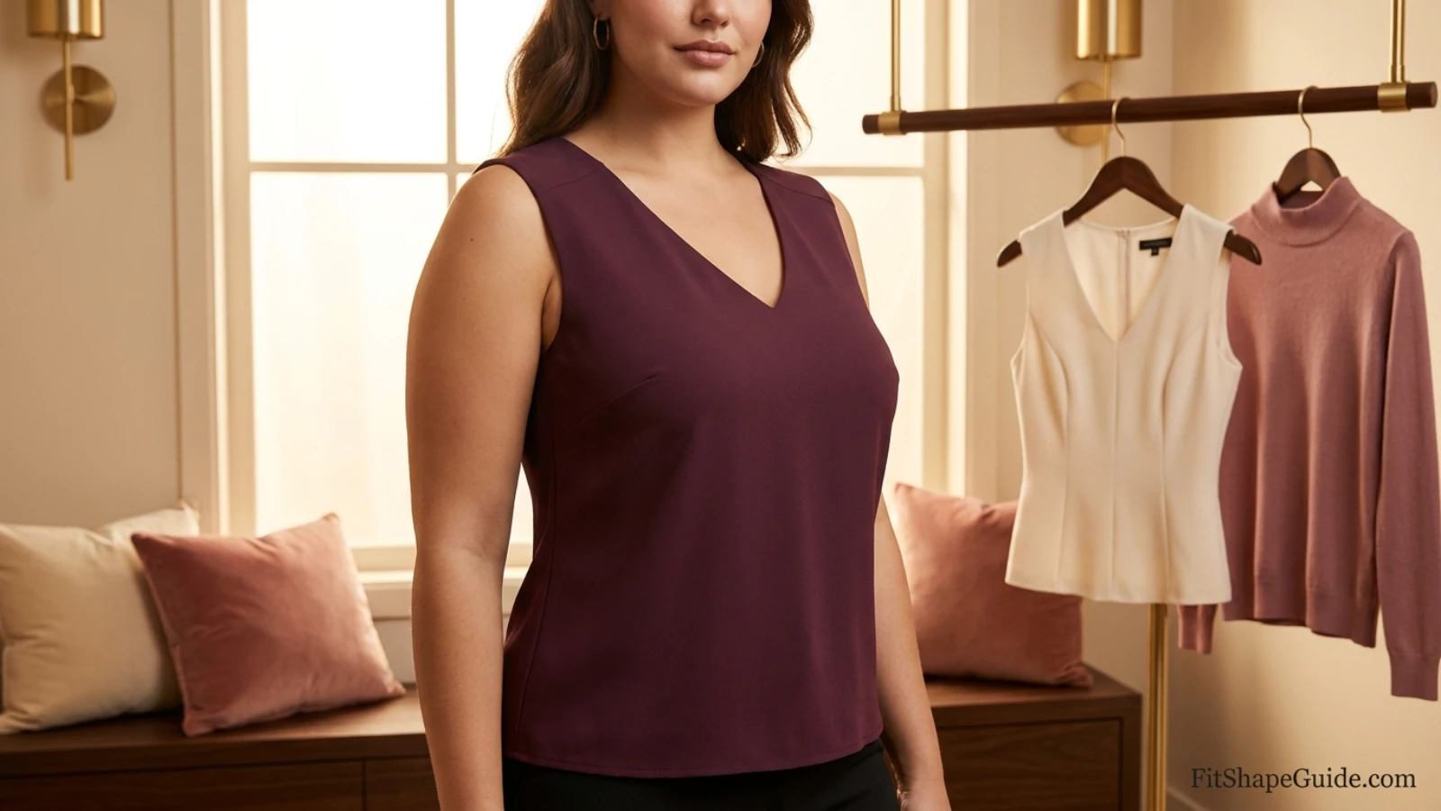 Deep-mulberry sleeveless V-neck blouse with broad shoulders smooth armholes and shaped bust room