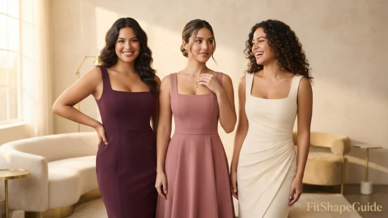 Three stunning Latina women, 20–22, wearing bra-friendly square-neck dresses with princess seams, fit-and-flare, and occasion styles.