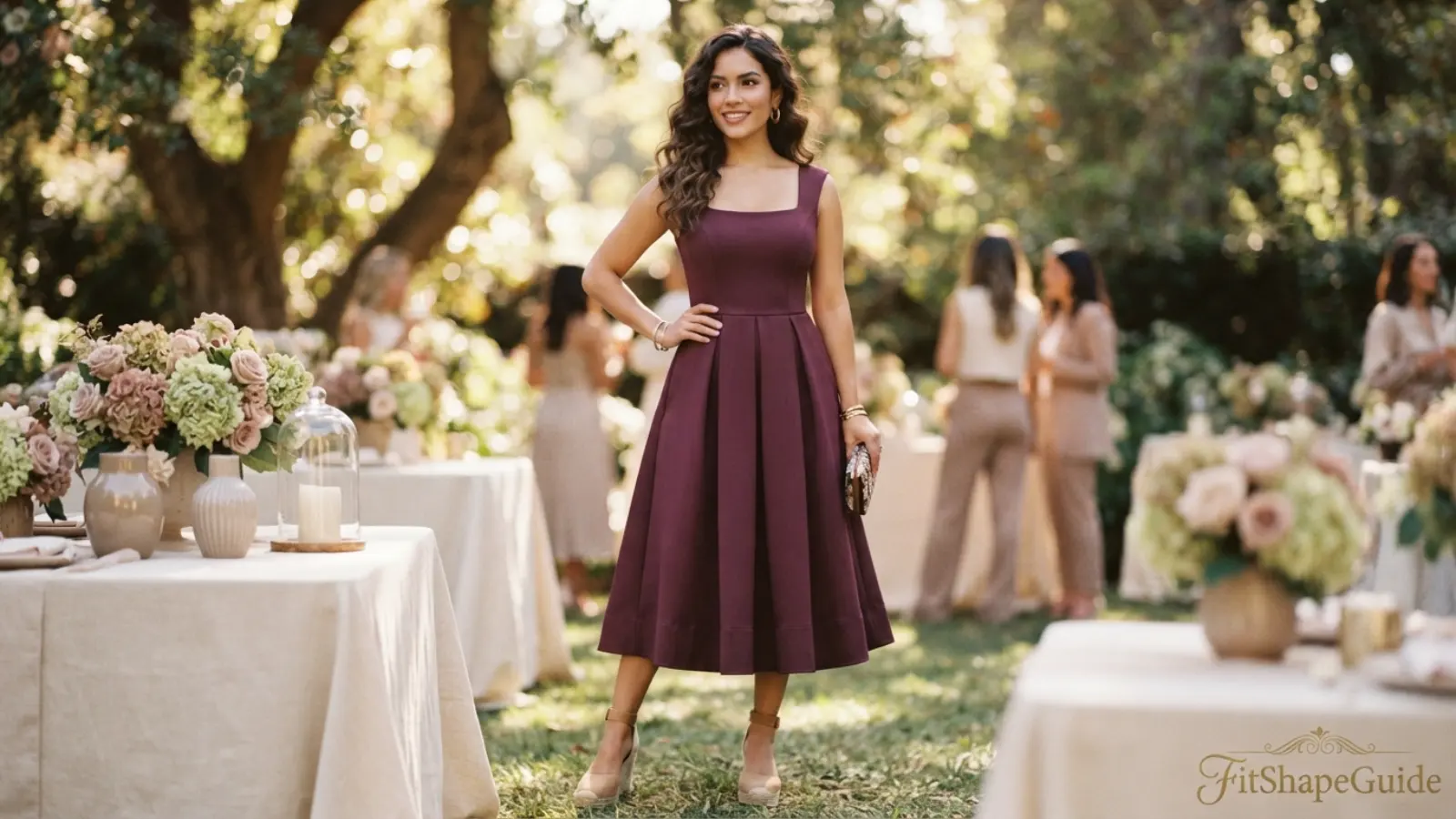 Best tea-length dresses for a large bust with a balanced mid-calf hem