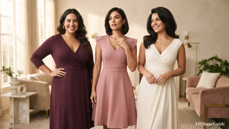 Three stunning Latina women, 20–22, wearing bra-friendly V-neck dresses with secure wrap, princess-seam, and occasion styles.