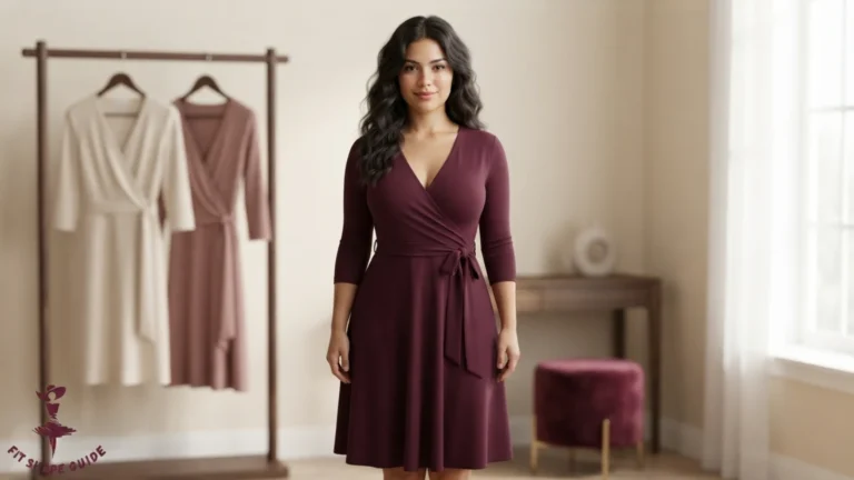 A young Latina woman, 20–22, wearing a deep-mulberry true wrap midi dress with a secure V-neckline and shaped bust room.