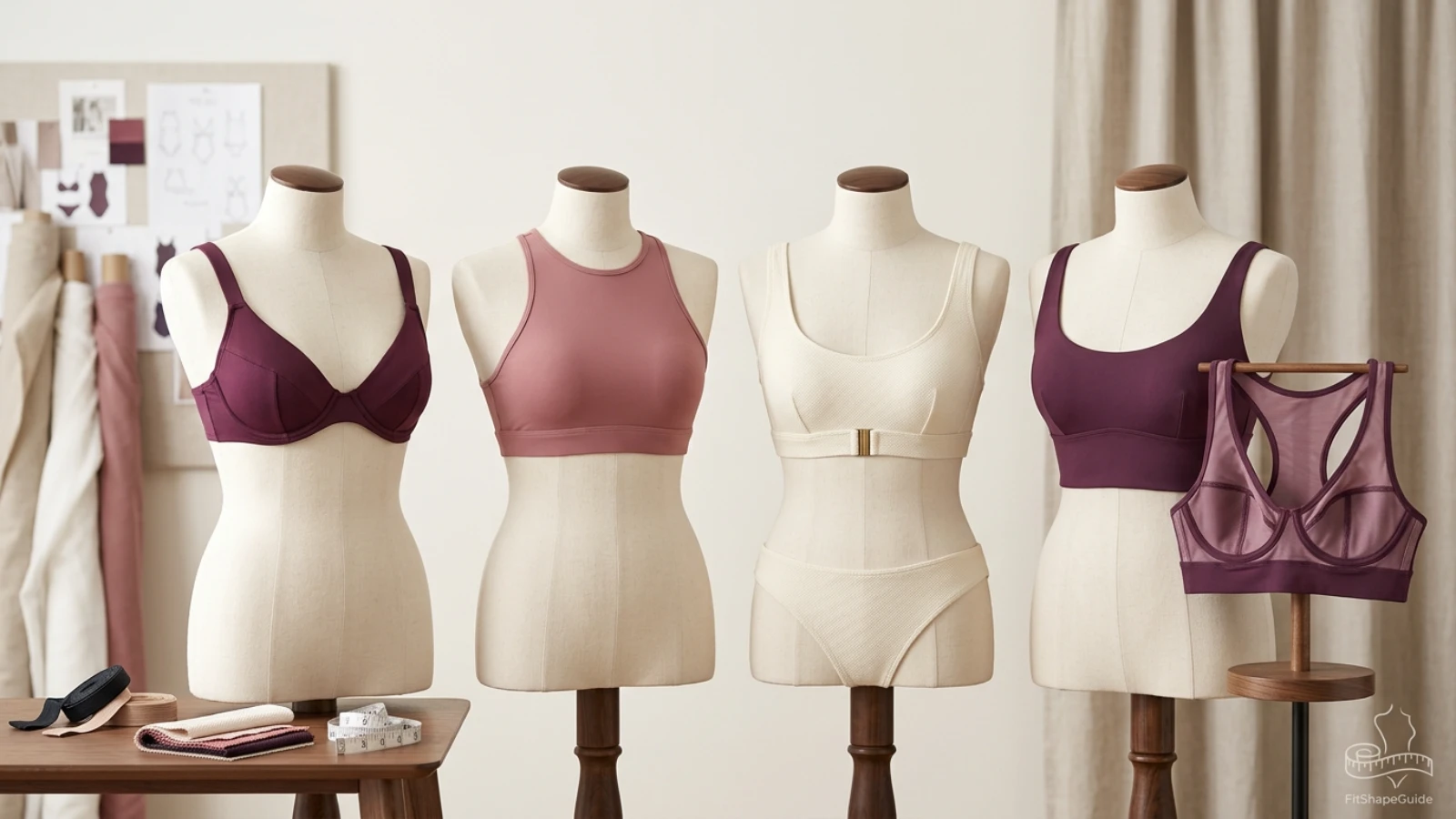 Bikini support anatomy showing wide shoulder straps bust shaping side coverage back and underbust and back anchor