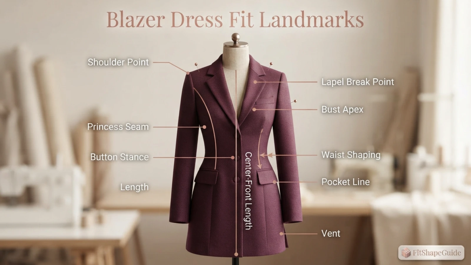 Blazer dress fit points for a large bust including lapels buttons and princess seams