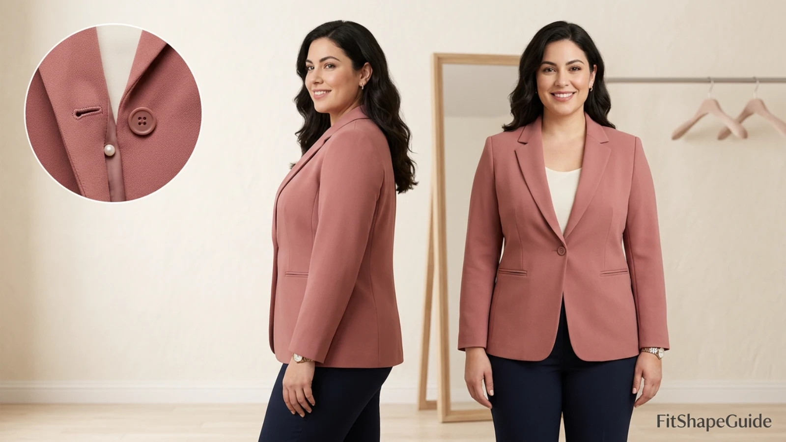 Structured blazer-top lapel button and neckline fit test for a large bust