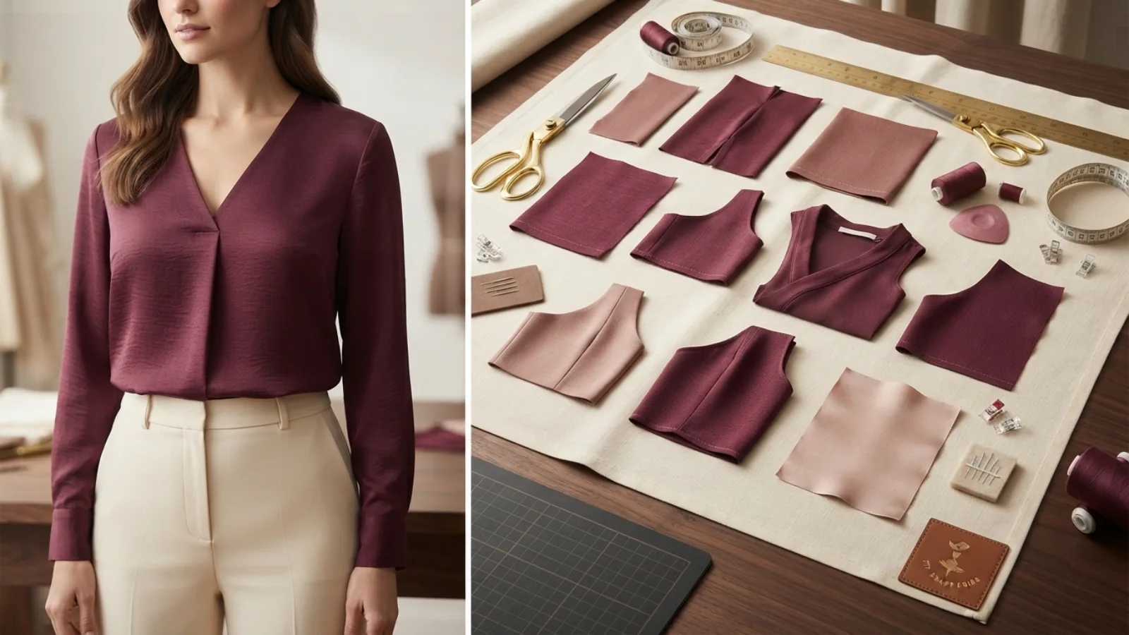 Blouse beside a garment tape, size chart notes, and close views of neckline and dart placement