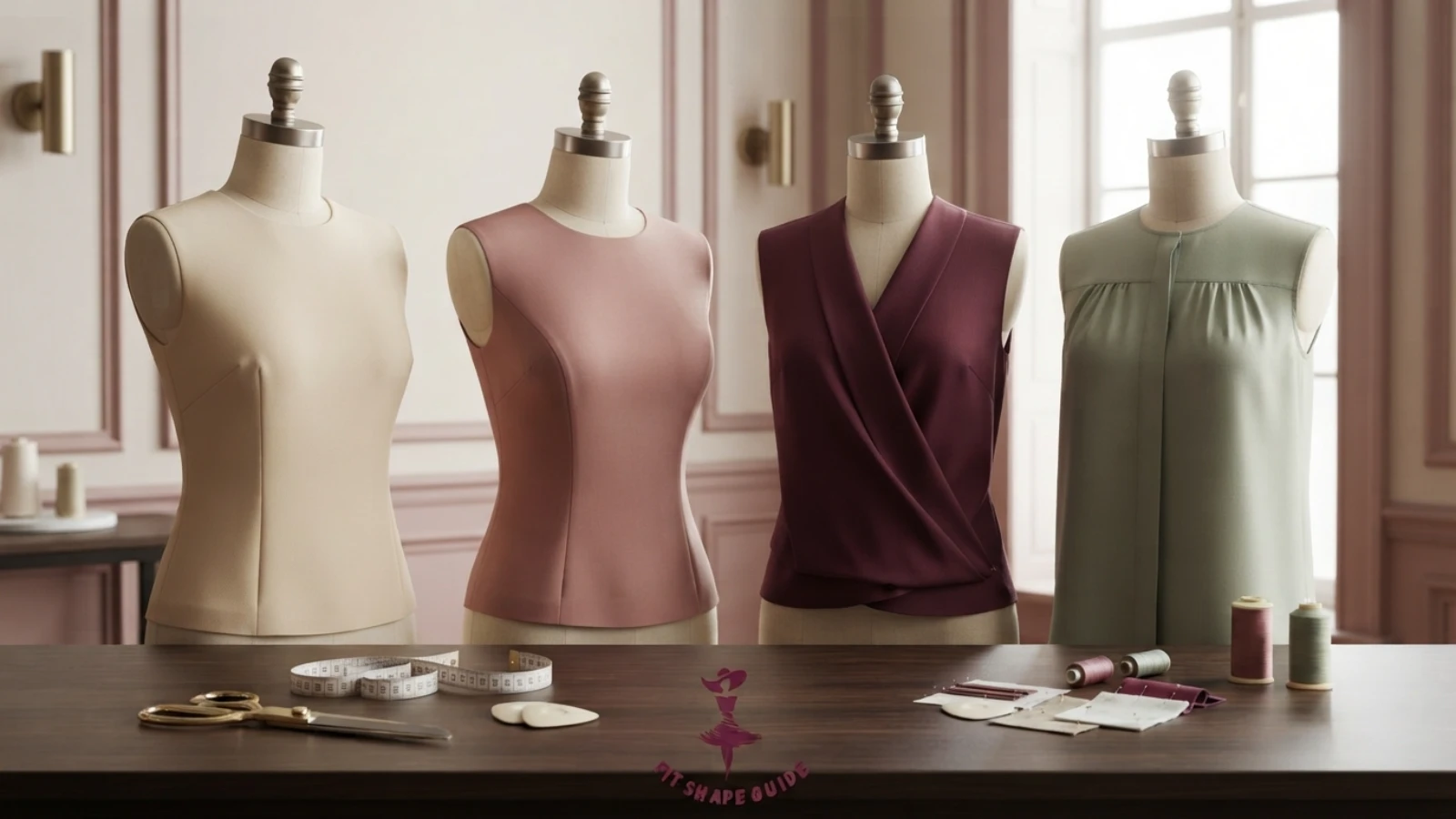 Woman checking blouse shoulder and sleeve movement in a fitting room