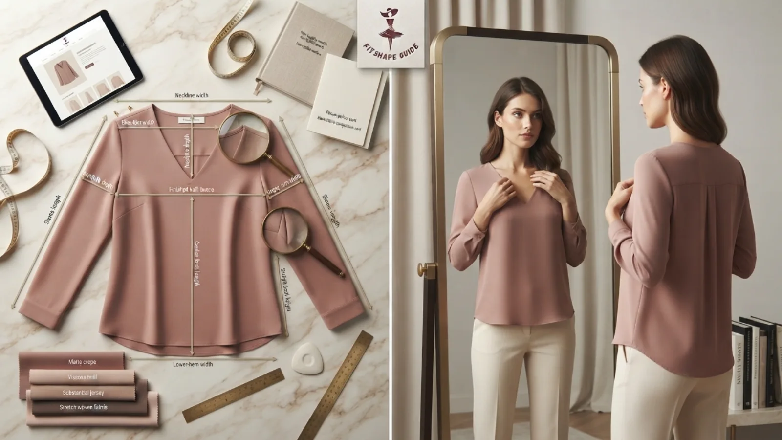 Woman testing blouse shoulder seams, armholes, and sleeves while reaching and sitting