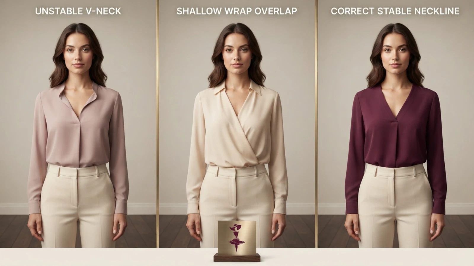 Bust dart, princess seam, wrap overlap, and shoulder pleat details on blouses