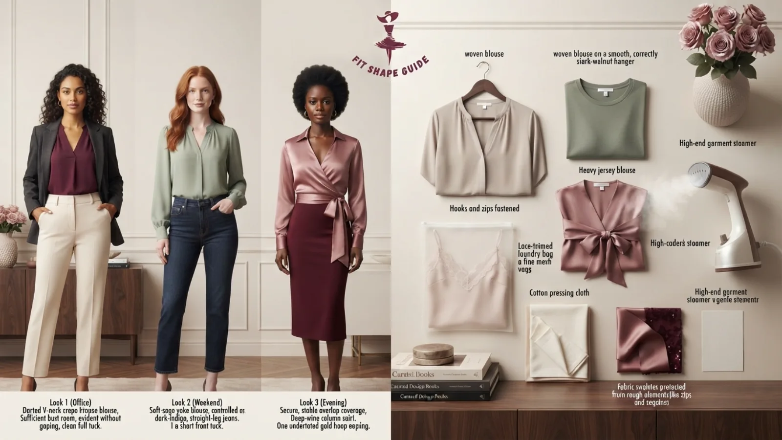 Three women in blouse outfits styled for office, weekend, and evening