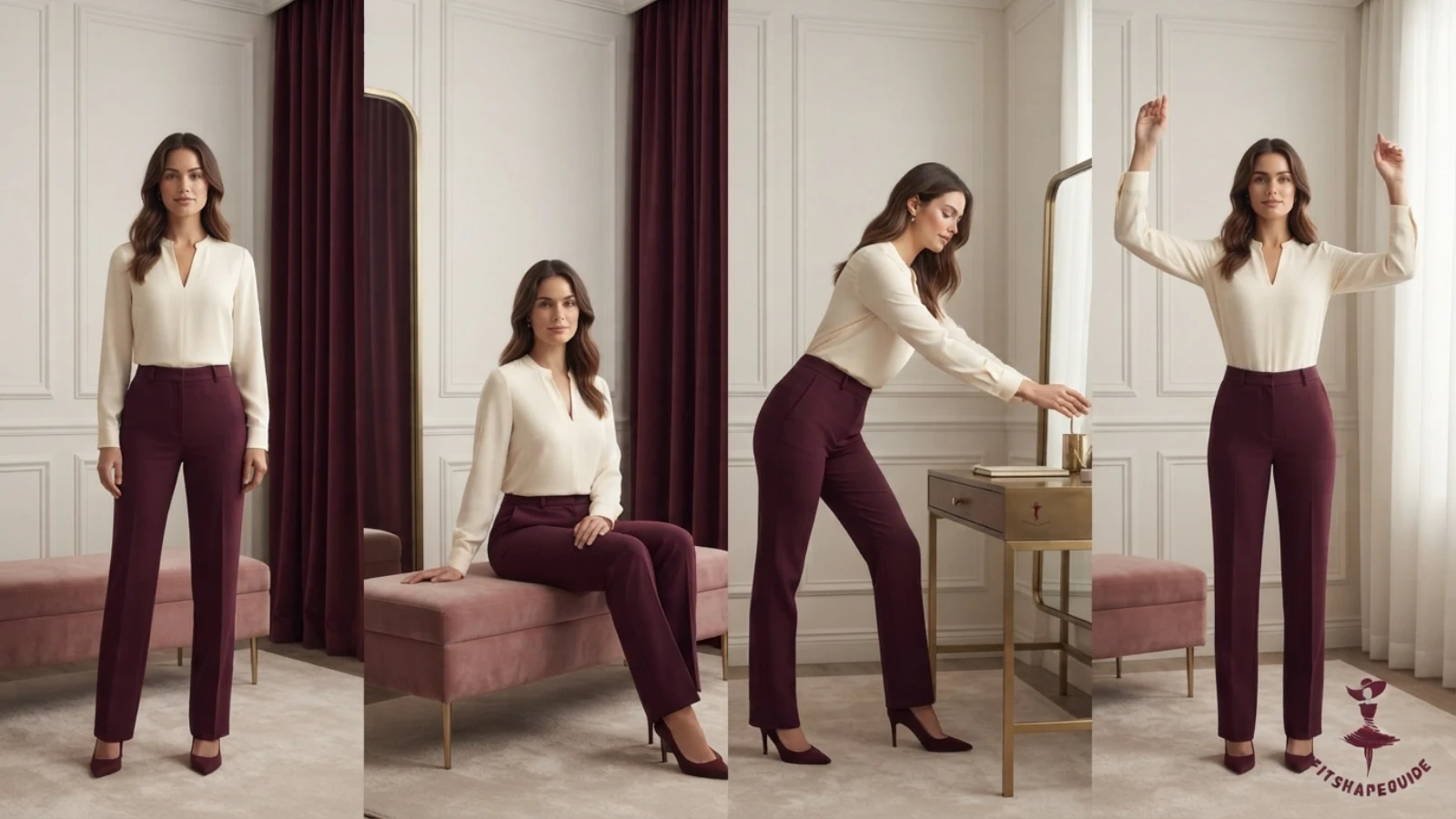 Three polished blouse outfits for office, weekend, and evening wear