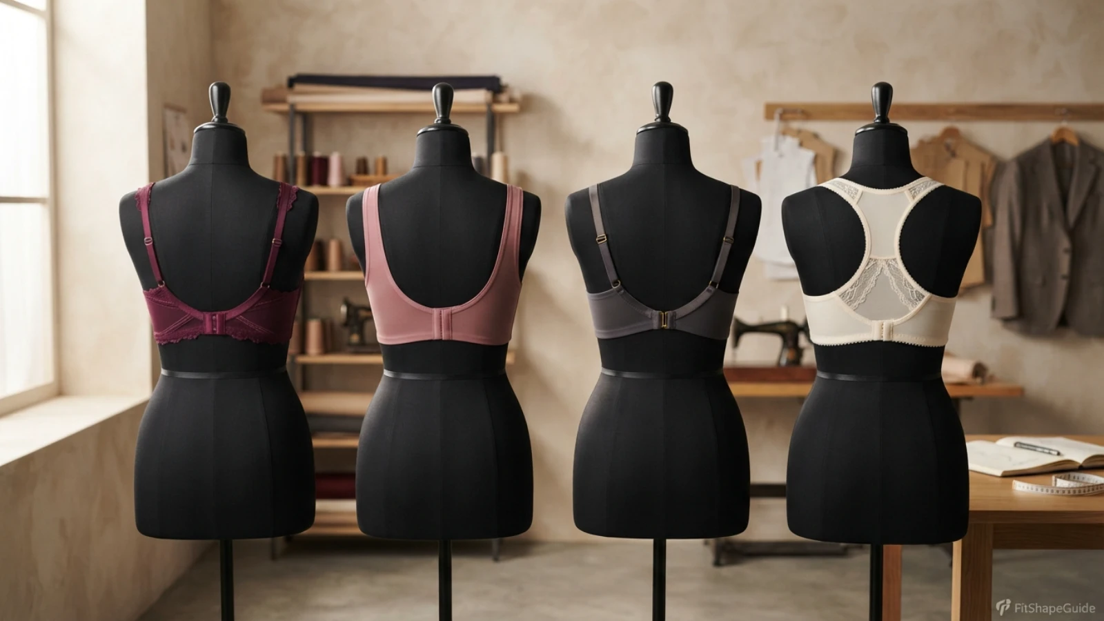 Close-set, U-back, J-hook and racerback bra constructions for work