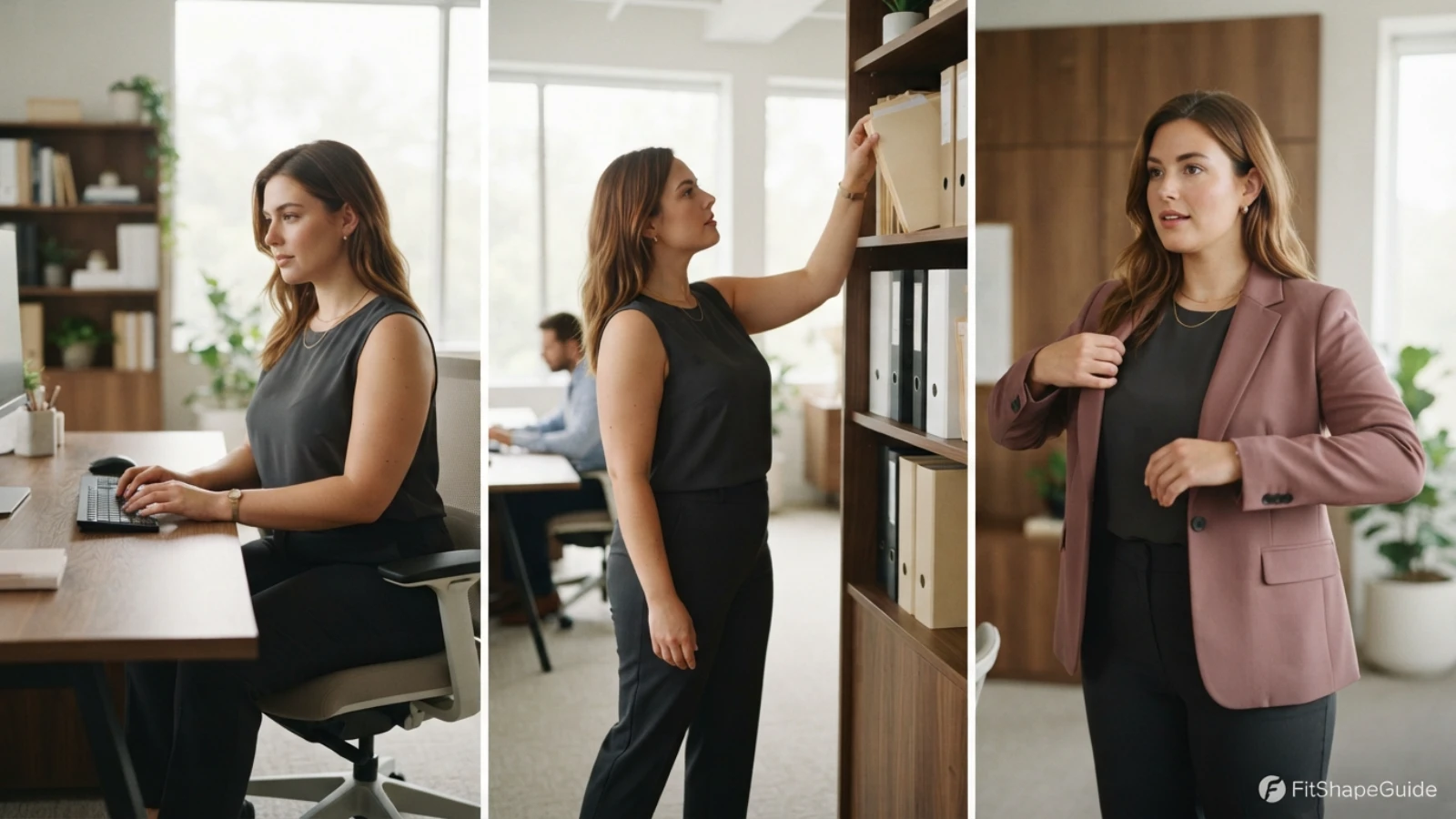 Fully clothed office worker testing bra strap stability while reaching and layering