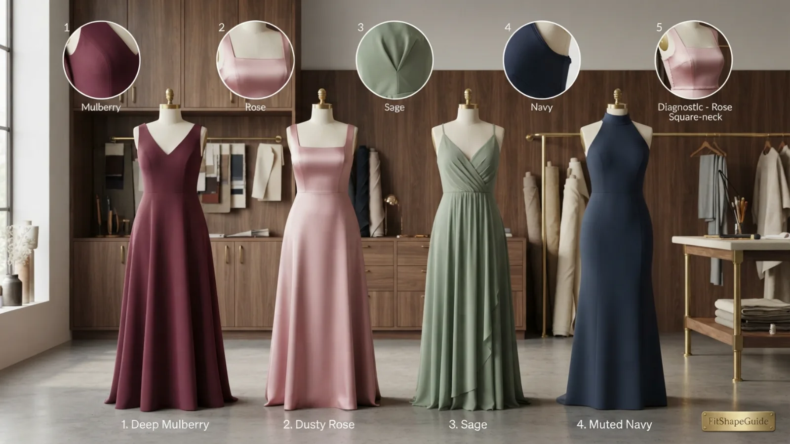 Bridesmaid dress bodice fit comparison showing bust shaping neckline stability and waist placement