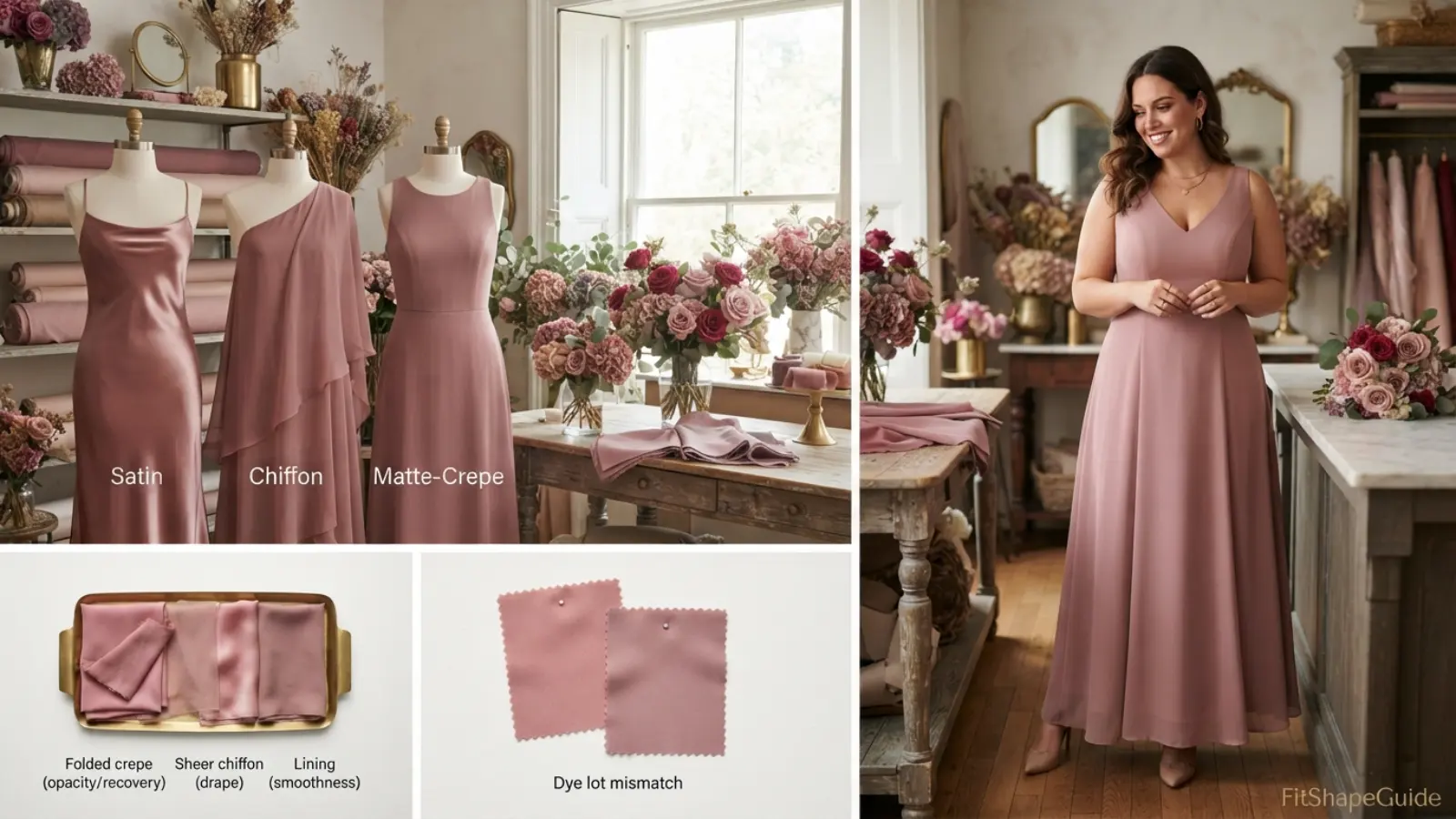 Bridesmaid dress fabric lining opacity and recovery test for a fuller bust