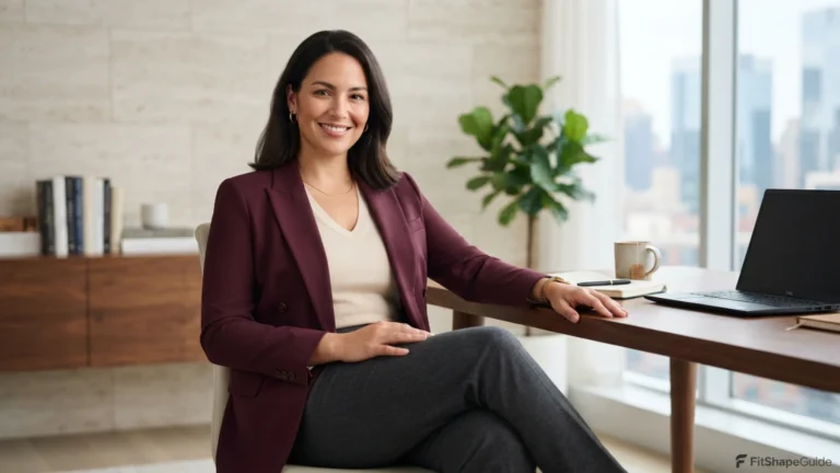 Business casual outfit with a shaped top and blazer for a large bust