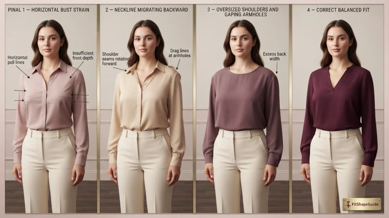 Close view of a blouse bust dart, princess seam, wrap overlap, and controlled shoulder pleat