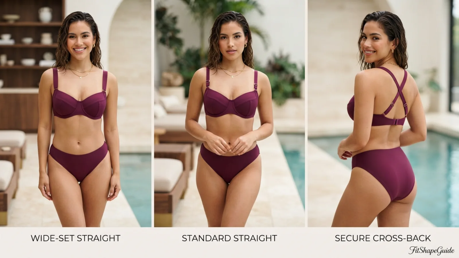 Convertible bandeau swimsuit strap routes for a large bust