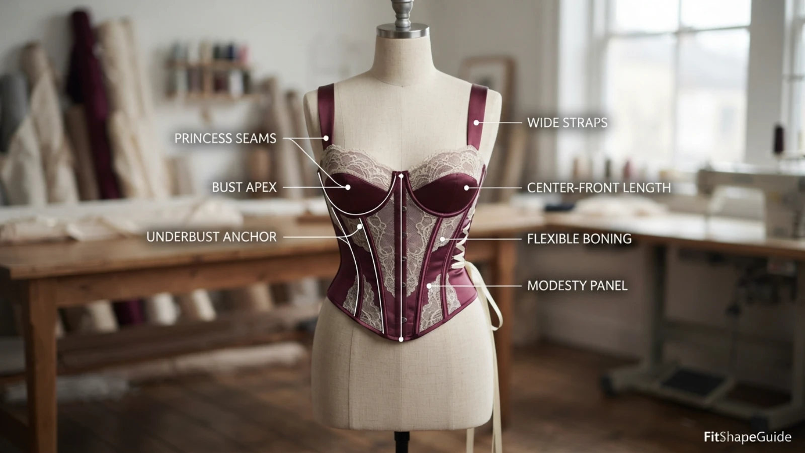 Corset dress fit points including cup depth boning and underbust anchor