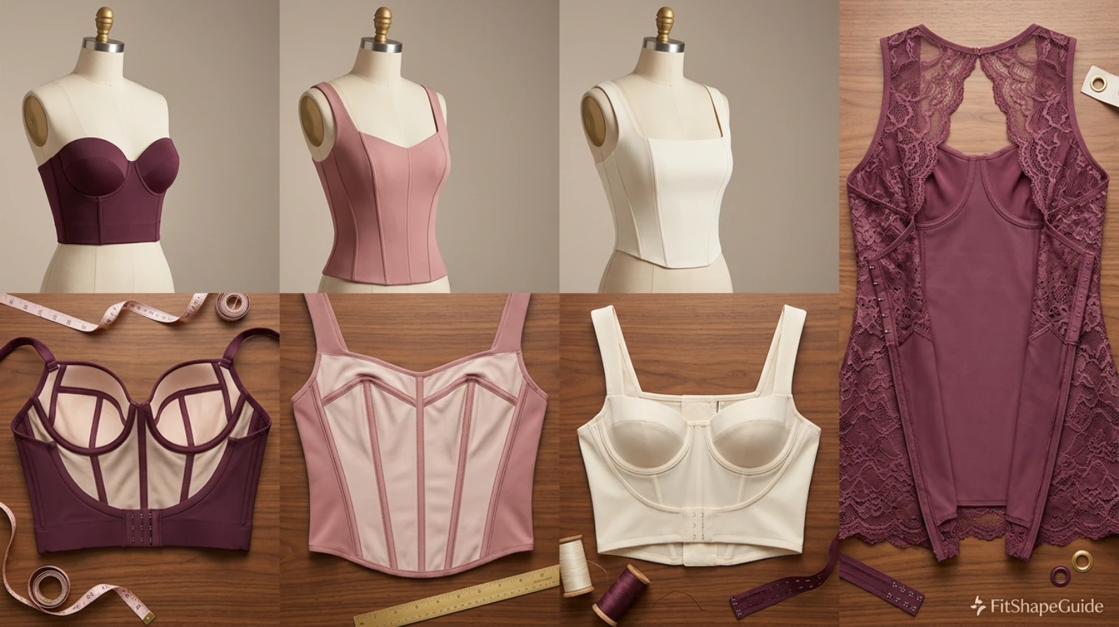 Corset top construction comparison with shaped cups princess seams boning and adjustable back