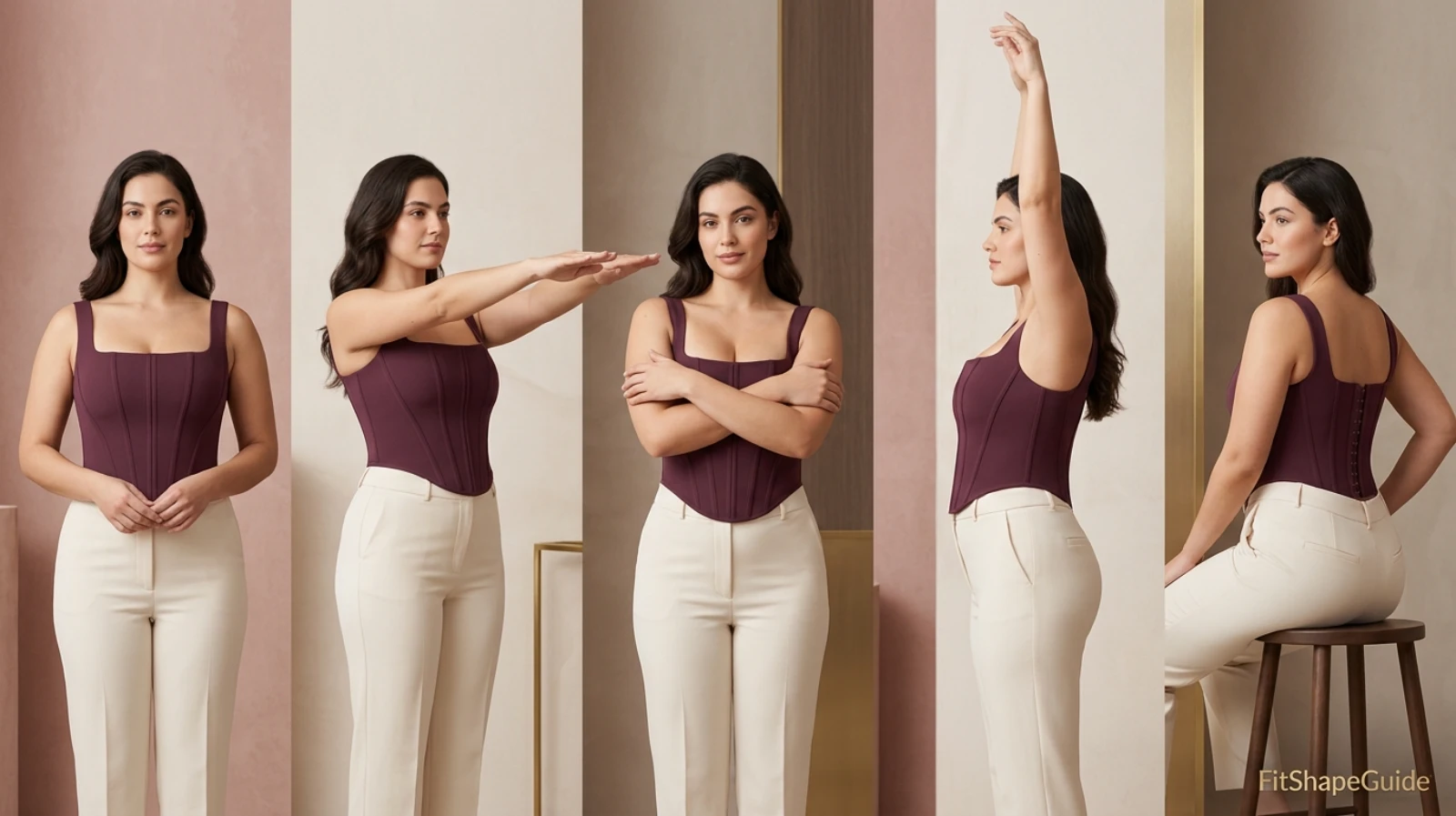 Corset top tested while breathing reaching lifting arms sitting and turning