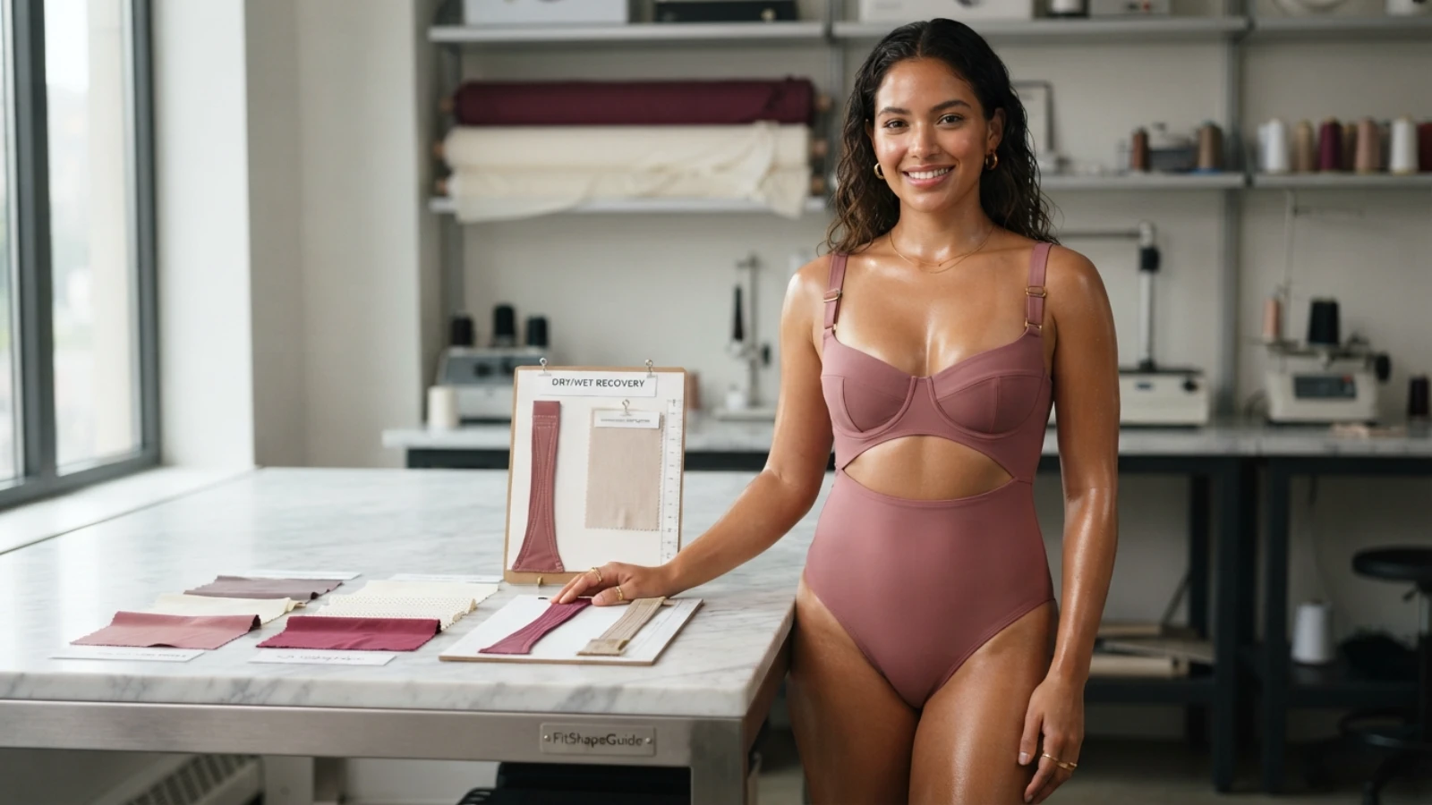 Cut-out swimsuit fabric lining and wet-recovery test for a fuller bust