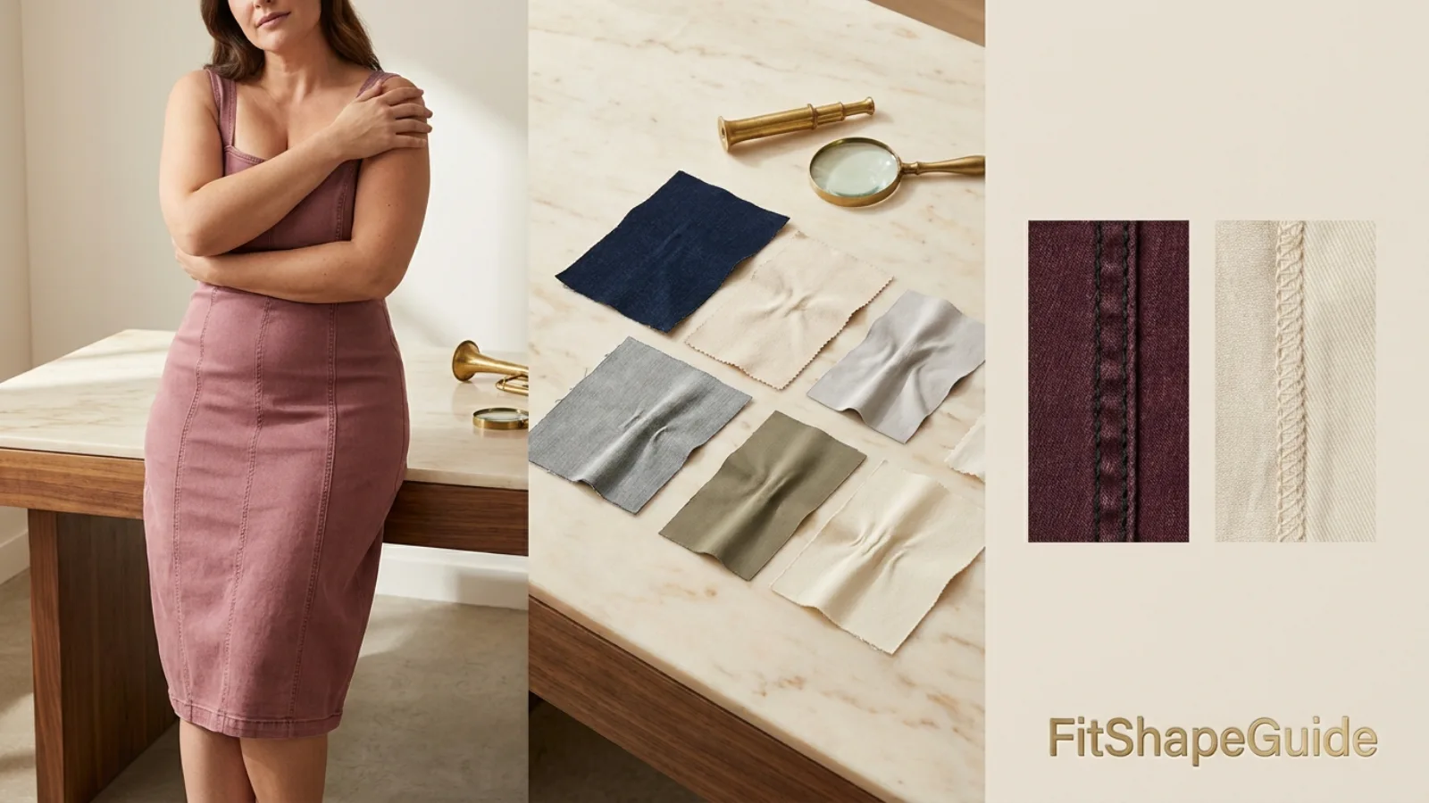 Fabric drape opacity and shape retention test for fuller-bust denim dresses