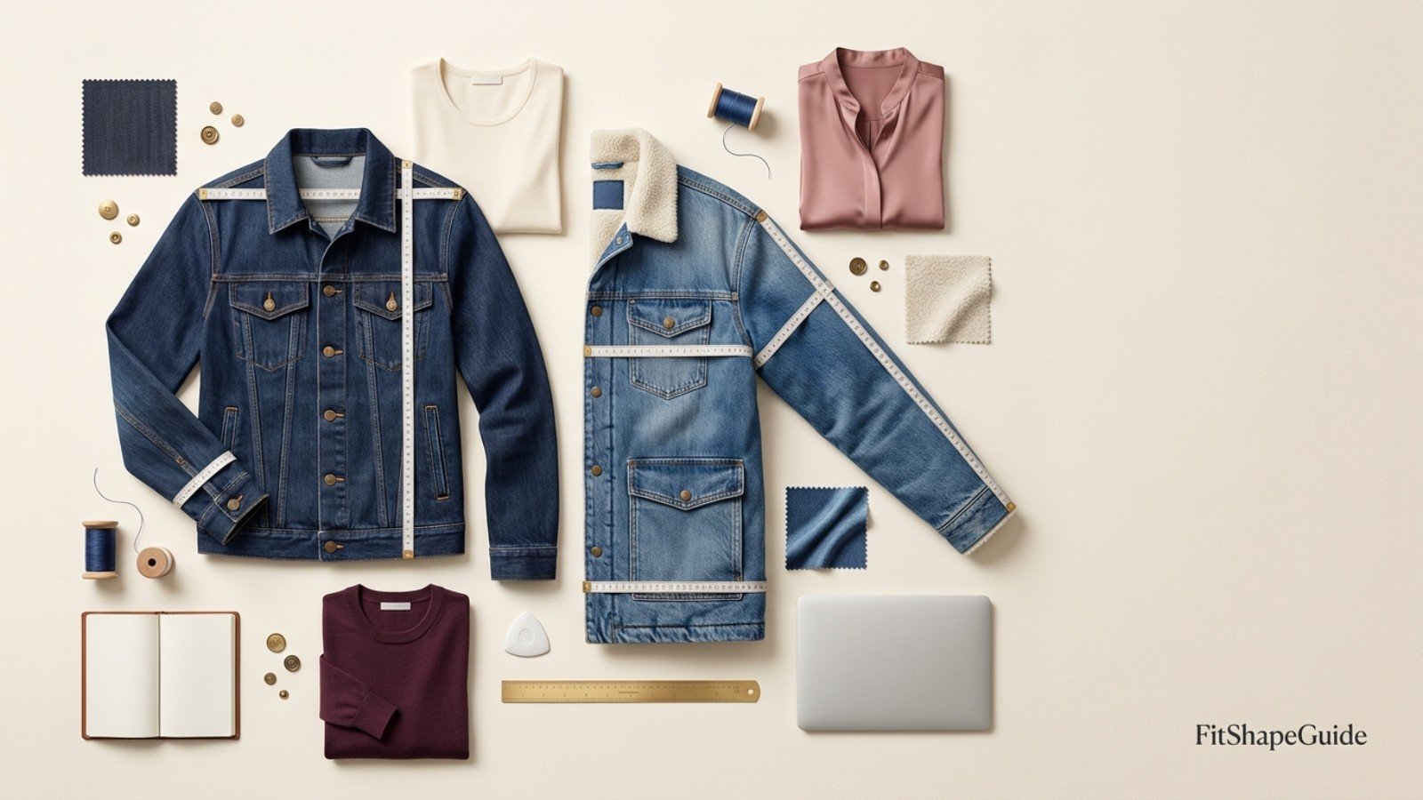 Denim jacket capsule with bust, shoulder, sleeve and hem measurements
