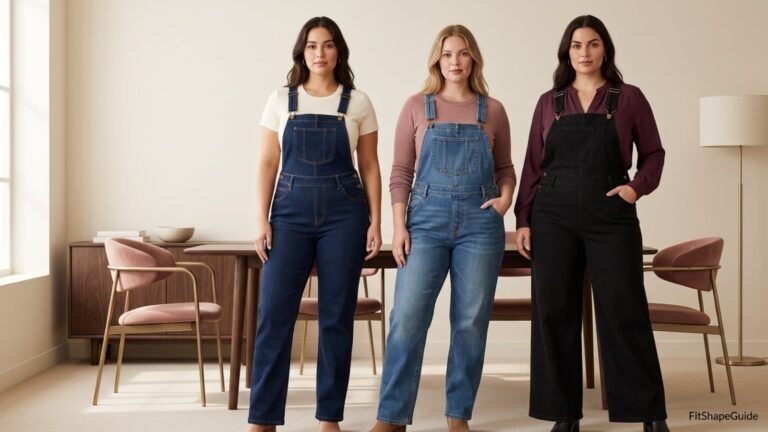 Three denim overall fits styled comfortably for a large bust
