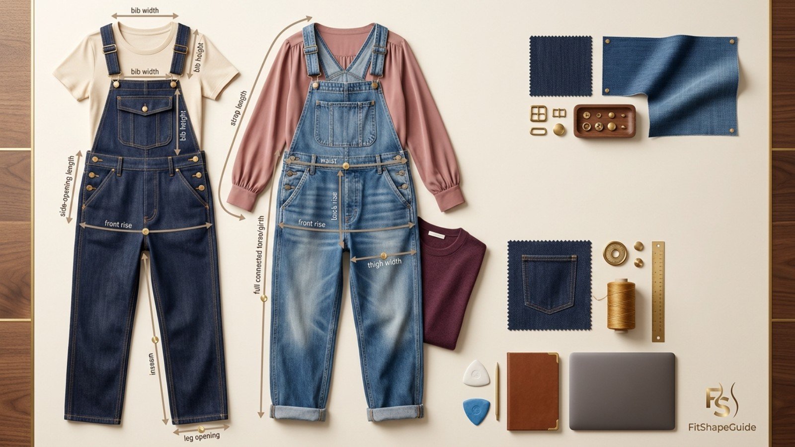 Denim overall shopping check with bust, torso, hip and rise measurements