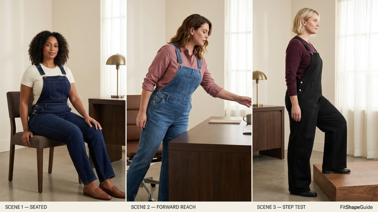 Denim overalls tested with tee, shirt and knit layers
