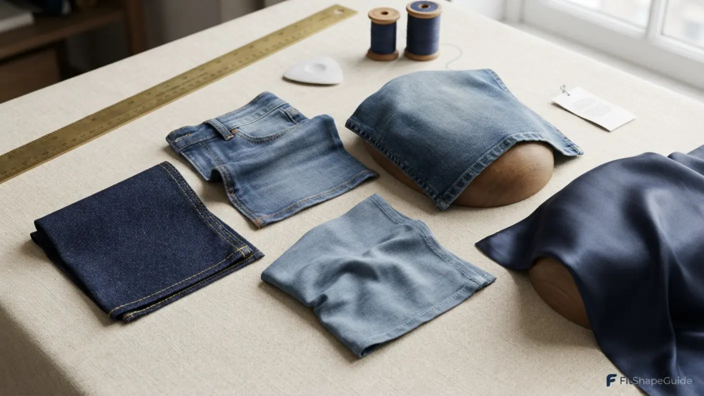 Rigid cotton stretch denim soft denim and chambray compared for weight twill drape and recovery