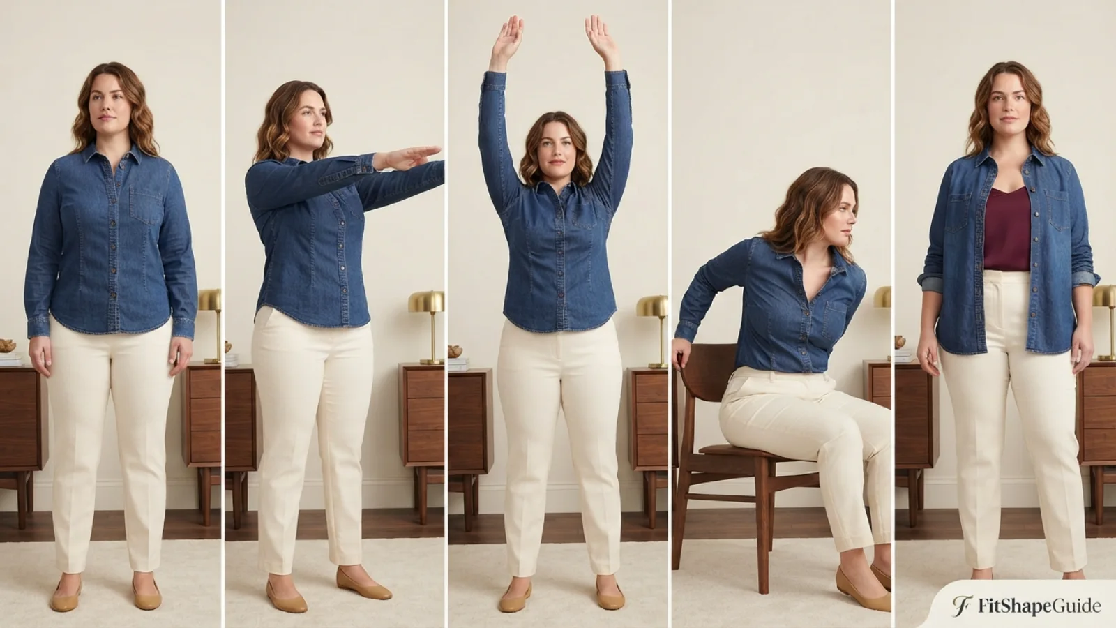 Denim shirt tested while breathing reaching lifting arms sitting turning and layering