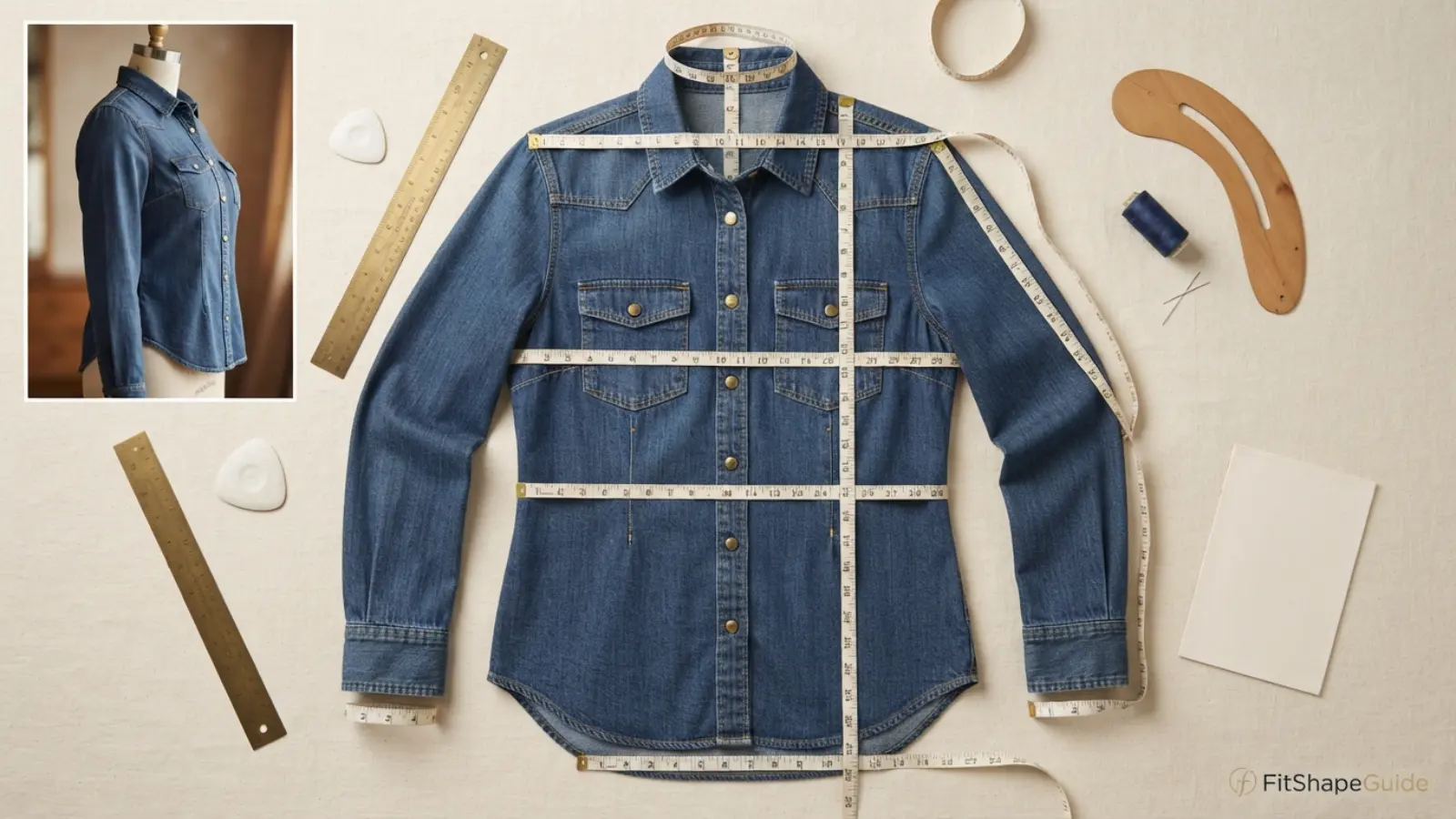 Denim shirt measured across bust shoulders waist hem armhole bicep sleeve placket and front length