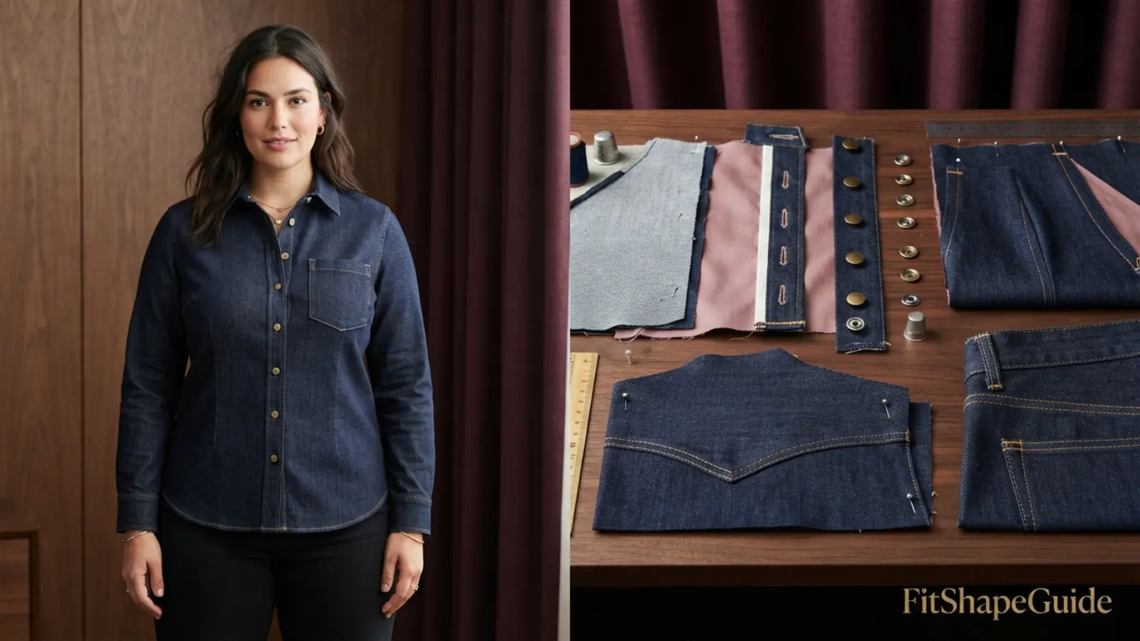 Denim shirt construction showing reinforced placket close buttons bust darts panels and balanced front length