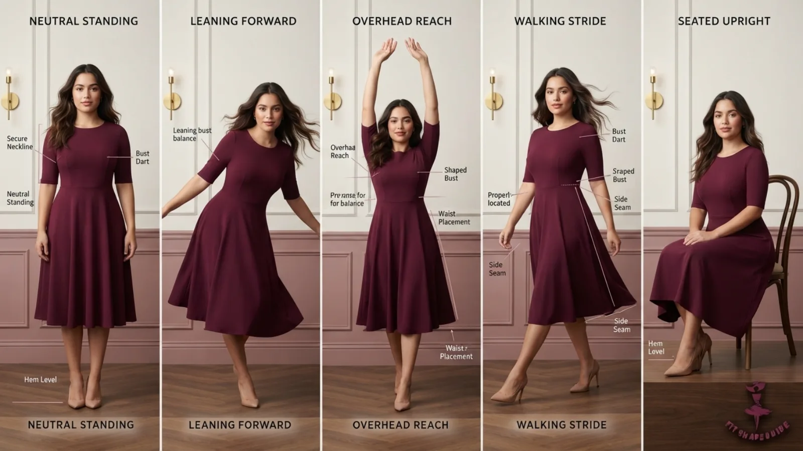 fit-and-flare dress movement and coverage test for a fuller bust